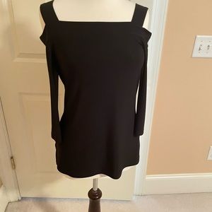 Womens tunic top black jersey 3/4 sleeve open at the shoulder hits below hip